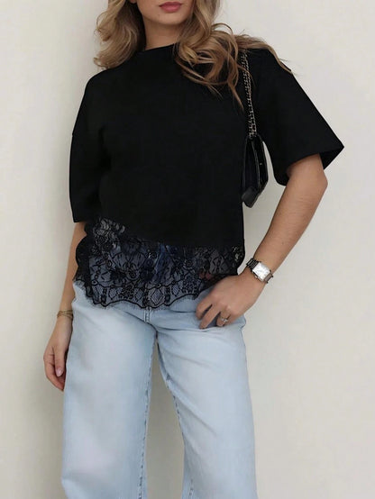 Spring New Solid Color Knit Fabric Lace Patchwork Short Sleeve T-Shirt, Casual, Sports, Office Wear For Spring/Summer Black