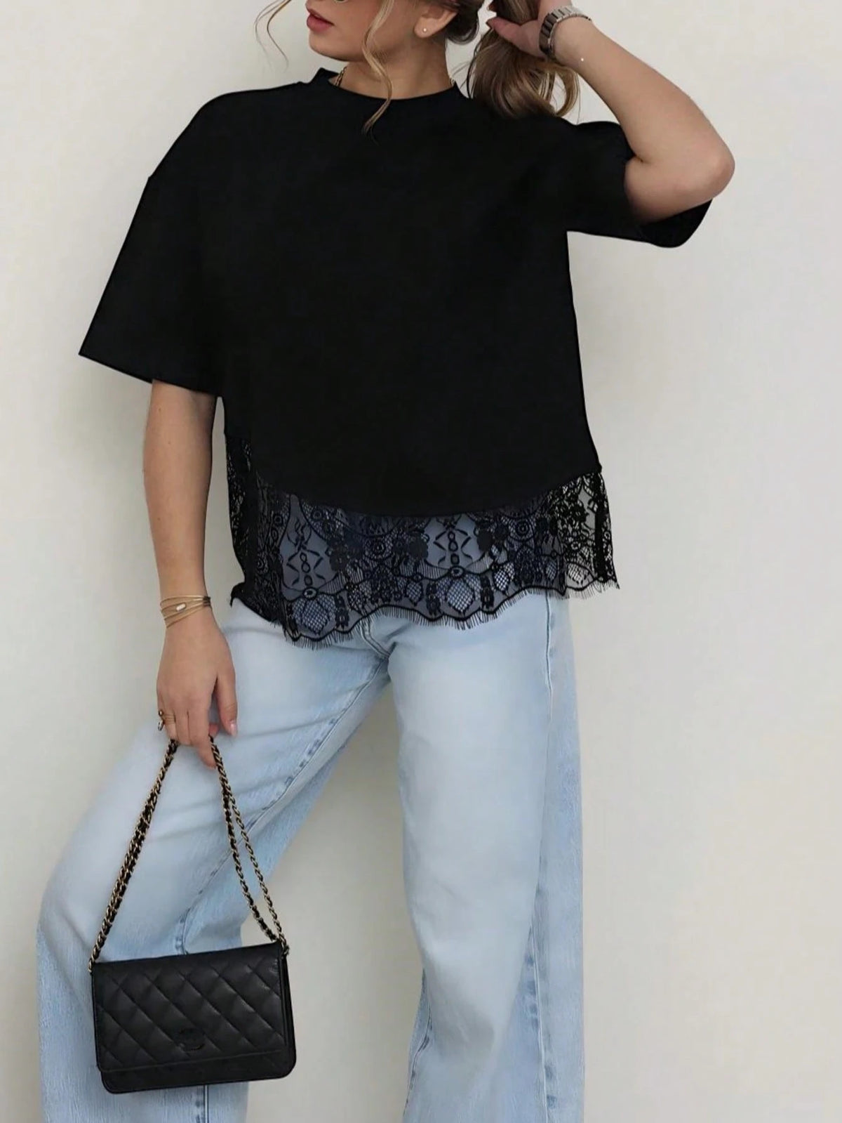 Spring New Solid Color Knit Fabric Lace Patchwork Short Sleeve T-Shirt, Casual, Sports, Office Wear For Spring/Summer Black