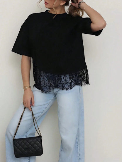 Spring New Solid Color Knit Fabric Lace Patchwork Short Sleeve T-Shirt, Casual, Sports, Office Wear For Spring/Summer Black