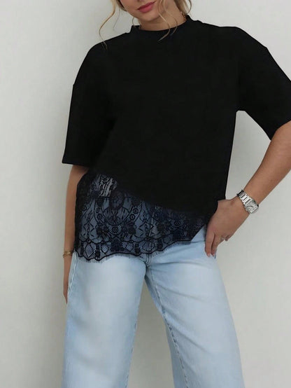 Spring New Solid Color Knit Fabric Lace Patchwork Short Sleeve T-Shirt, Casual, Sports, Office Wear For Spring/Summer Black
