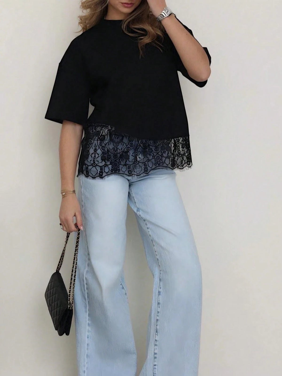 Spring New Solid Color Knit Fabric Lace Patchwork Short Sleeve T-Shirt, Casual, Sports, Office Wear For Spring/Summer Black