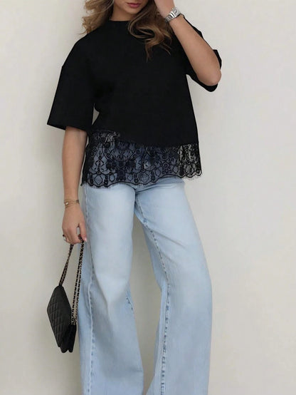 Spring New Solid Color Knit Fabric Lace Patchwork Short Sleeve T-Shirt, Casual, Sports, Office Wear For Spring/Summer Black