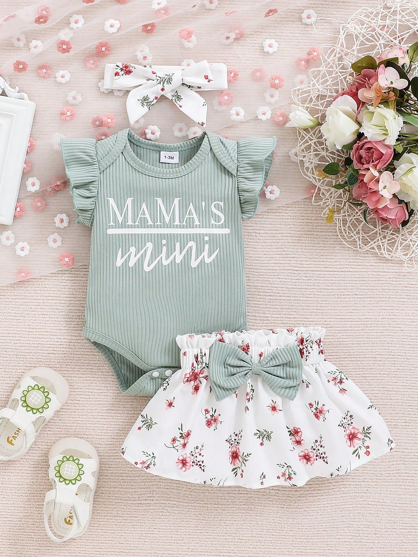 Spring Newborn Baby Girl Letter Printed Ruffle Armhole Bodysuit And Flower Printed Skirt Outfit