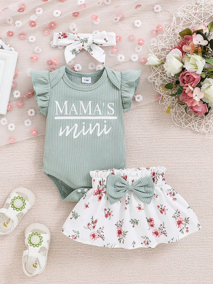 Spring Newborn Baby Girl Letter Printed Ruffle Armhole Bodysuit And Flower Printed Skirt Outfit