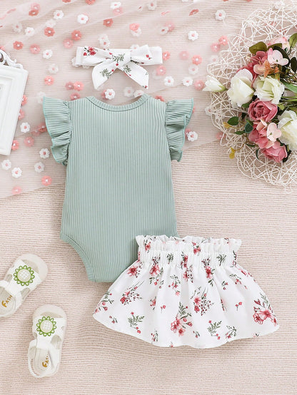 Spring Newborn Baby Girl Letter Printed Ruffle Armhole Bodysuit And Flower Printed Skirt Outfit