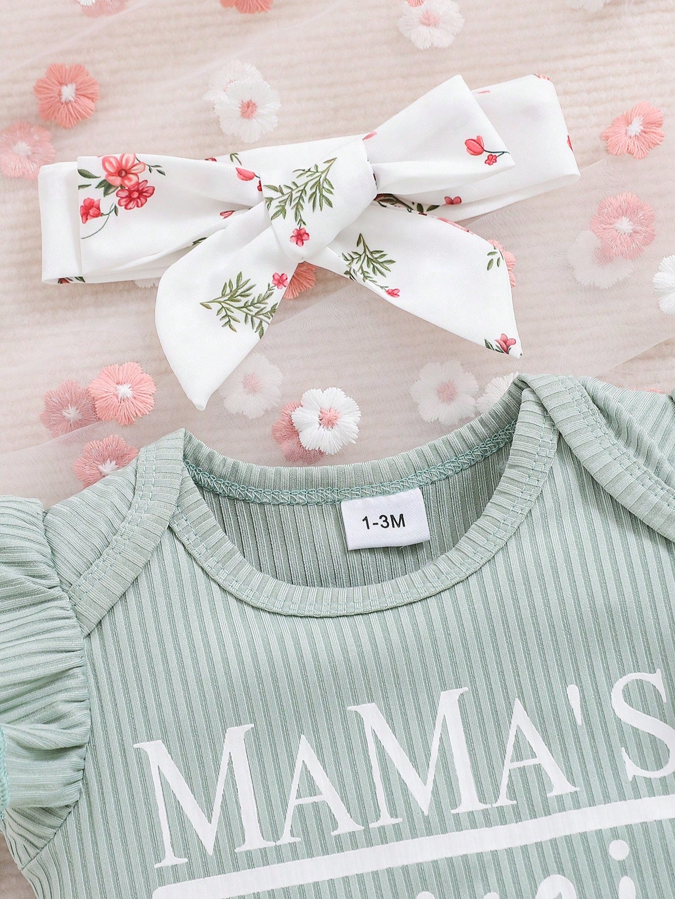 Spring Newborn Baby Girl Letter Printed Ruffle Armhole Bodysuit And Flower Printed Skirt Outfit