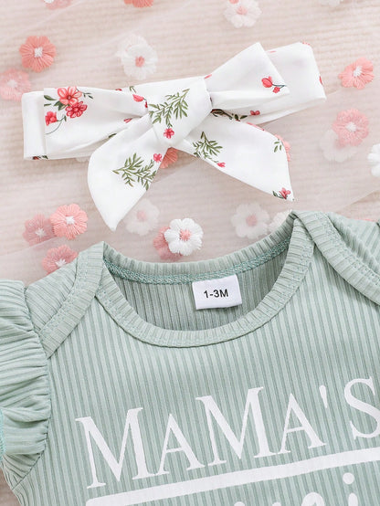 Spring Newborn Baby Girl Letter Printed Ruffle Armhole Bodysuit And Flower Printed Skirt Outfit
