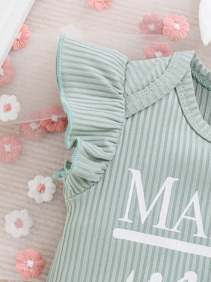 Spring Newborn Baby Girl Letter Printed Ruffle Armhole Bodysuit And Flower Printed Skirt Outfit