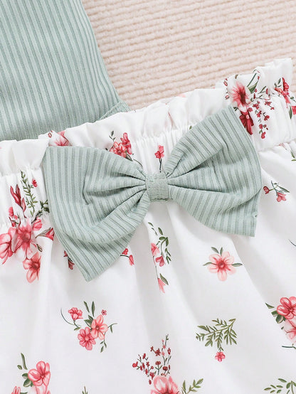 Spring Newborn Baby Girl Letter Printed Ruffle Armhole Bodysuit And Flower Printed Skirt Outfit