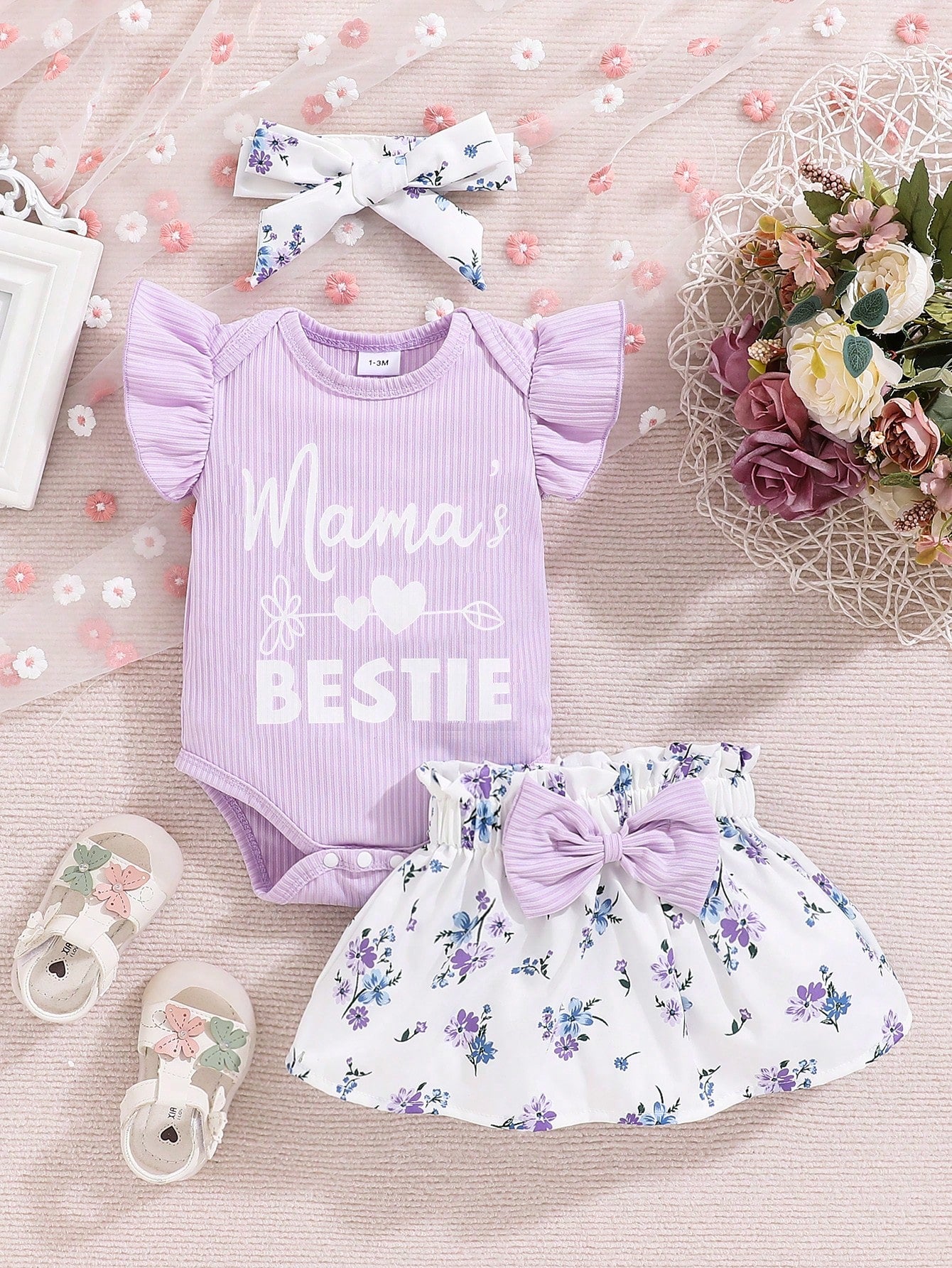 Spring Newborn Baby Girl Letter Printed Ruffle Armhole Bodysuit And Flower Printed Skirt Outfit