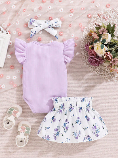 Spring Newborn Baby Girl Letter Printed Ruffle Armhole Bodysuit And Flower Printed Skirt Outfit