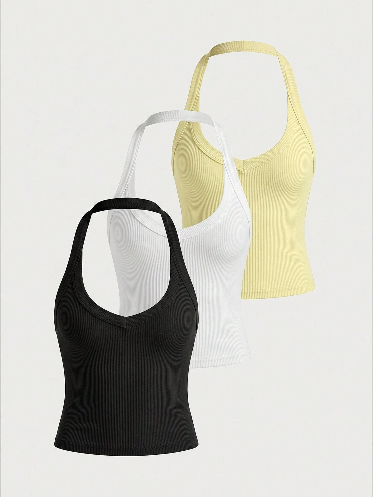 Spring/Summer Casual Sexy Versatile Ribbed Spaghetti Strap Halter Tank Top 3-Piece Set For Women, Halter Tank, Sleeveless Cropped Top, Slim Fit Elastic Knit, Women's Summer Casual Vacation Y2K All-Mat