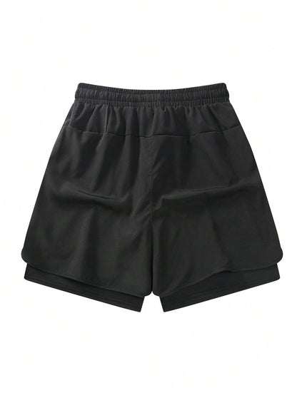Spring/Summer Solid Color Sports Shorts, Anti-Slip Double Layer Couple Shorts, Men's And Women's Double Layer Sports Shorts, Running, Outdoor Fitness Pants, Men's Summer Wear, Loose Shorts, Athleisure