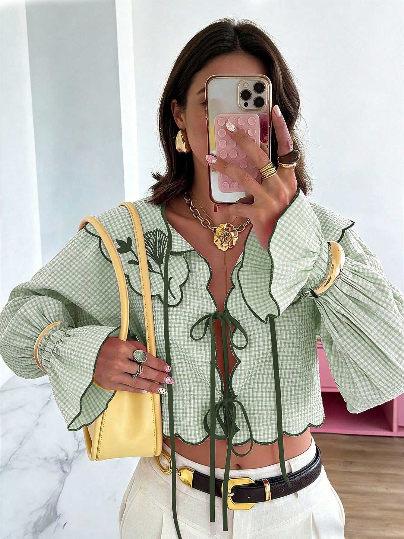 Spring/Summer Tie Collar Ruffle Flare Sleeve Blouse, Sweet Elegant Lady Shirt For School, Party, Wedding, Beach, Vacation, Pink
