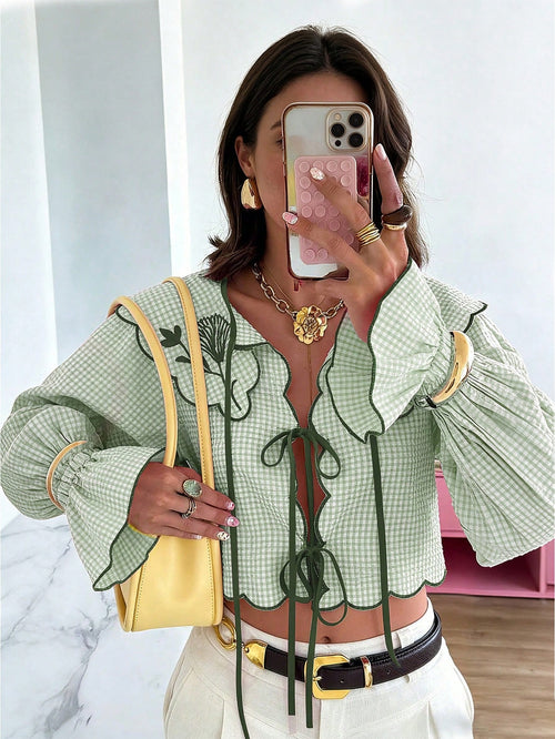 Spring/Summer Tie Collar Ruffle Flare Sleeve Blouse, Sweet Elegant Lady Shirt For School, Party, Wedding, Beach, Vacation, Pink