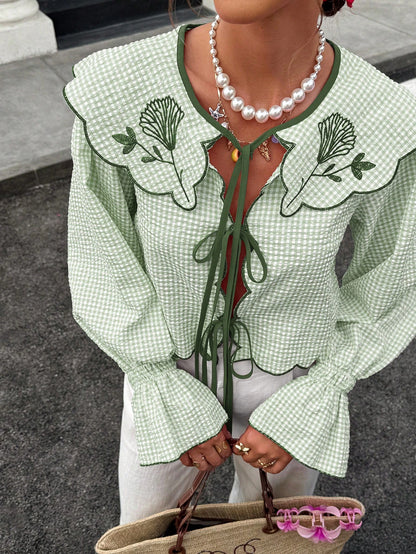 Spring/Summer Tie Collar Ruffle Flare Sleeve Blouse, Sweet Elegant Lady Shirt For School, Party, Wedding, Beach, Vacation, Pink