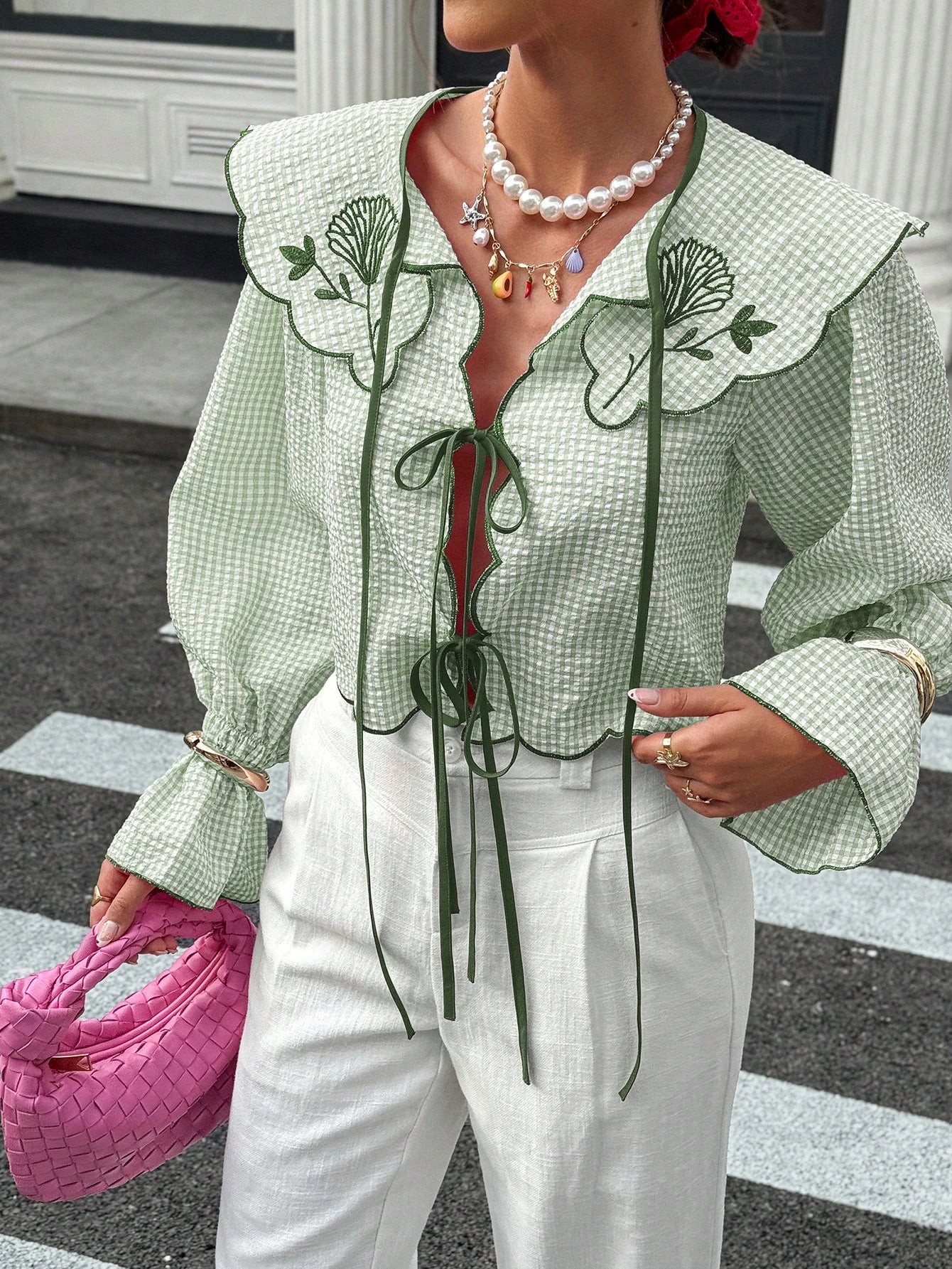 Spring/Summer Tie Collar Ruffle Flare Sleeve Blouse, Sweet Elegant Lady Shirt For School, Party, Wedding, Beach, Vacation, Pink