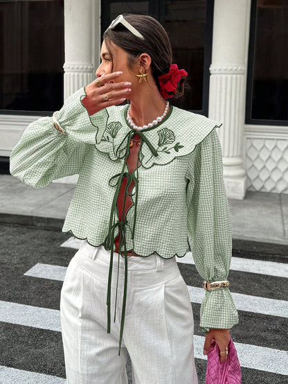 Spring/Summer Tie Collar Ruffle Flare Sleeve Blouse, Sweet Elegant Lady Shirt For School, Party, Wedding, Beach, Vacation, Pink