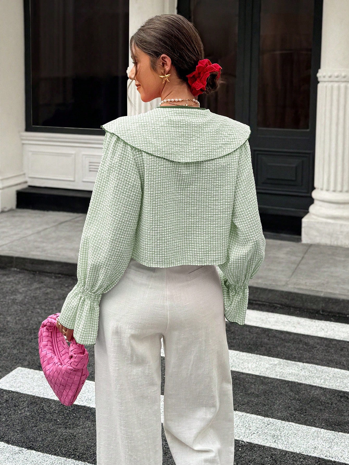 Spring/Summer Tie Collar Ruffle Flare Sleeve Blouse, Sweet Elegant Lady Shirt For School, Party, Wedding, Beach, Vacation, Pink