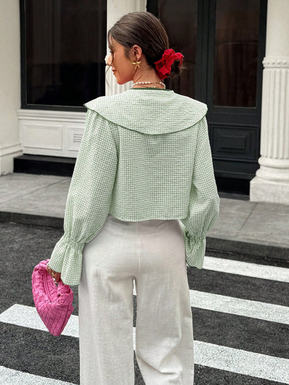 Spring/Summer Tie Collar Ruffle Flare Sleeve Blouse, Sweet Elegant Lady Shirt For School, Party, Wedding, Beach, Vacation, Pink