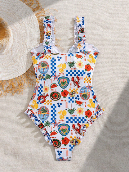Springbreak Swim Mod Random Print Thick Strap Non-Wired Women's Summer Cute Beach One-Piece Swimsuit Festival Boho