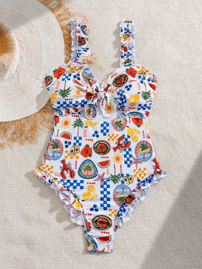 Springbreak Swim Mod Random Print Thick Strap Non-Wired Women's Summer Cute Beach One-Piece Swimsuit Festival Boho