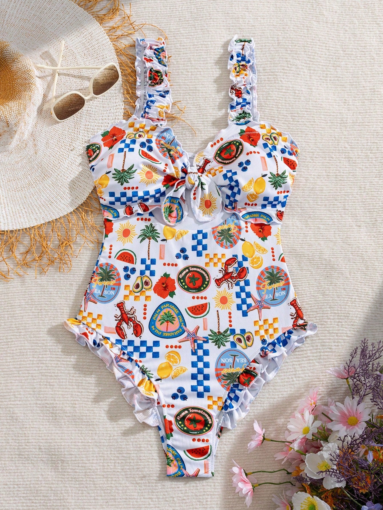 Springbreak Swim Mod Random Print Thick Strap Non-Wired Women's Summer Cute Beach One-Piece Swimsuit Festival Boho