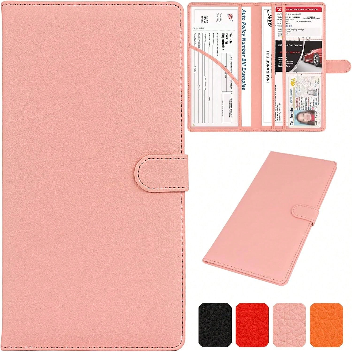 Srandme Car Registration And Insurance Holder, Leather Magnetic Shut Vehicle Glove Box Organizer For Document, Card, Driver License, Pink