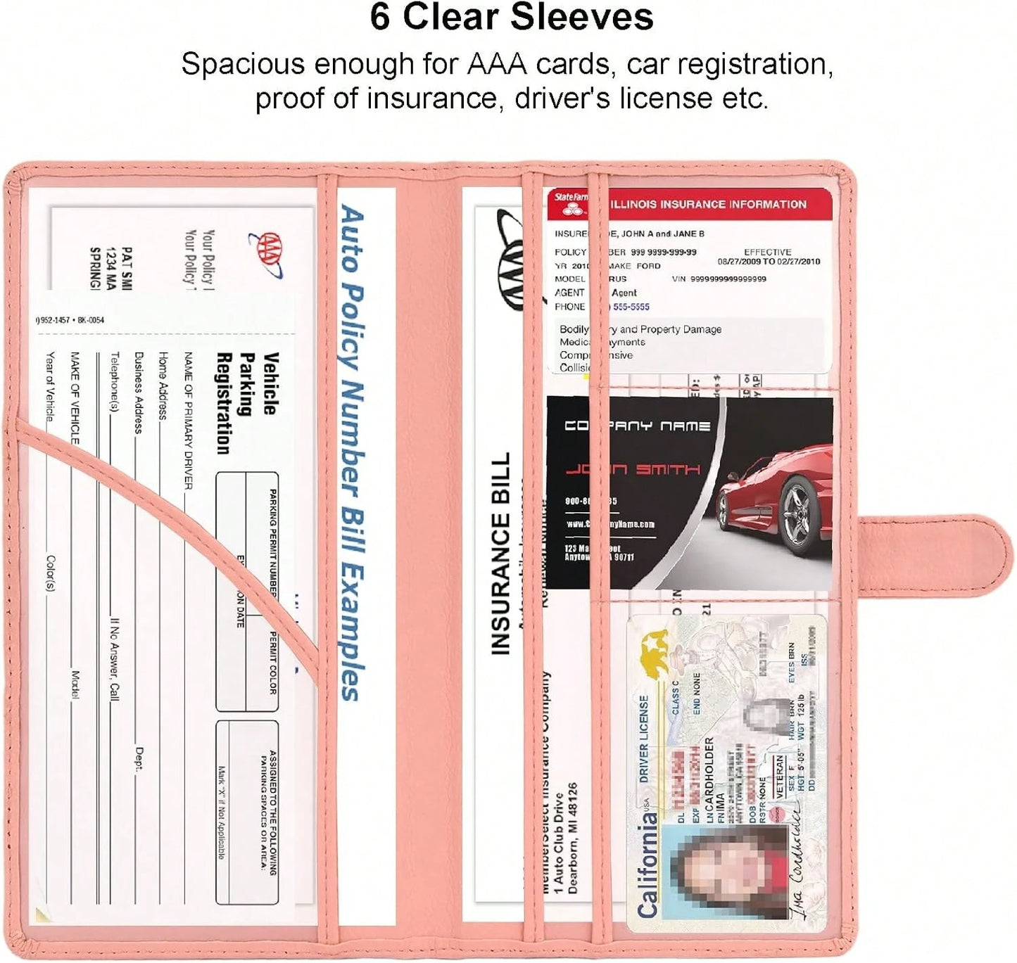Srandme Car Registration And Insurance Holder, Leather Magnetic Shut Vehicle Glove Box Organizer For Document, Card, Driver License, Pink