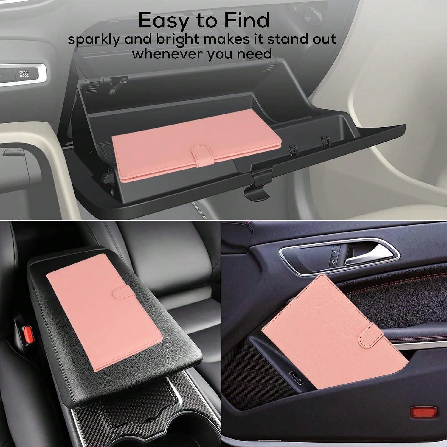 Srandme Car Registration And Insurance Holder, Leather Magnetic Shut Vehicle Glove Box Organizer For Document, Card, Driver License, Pink