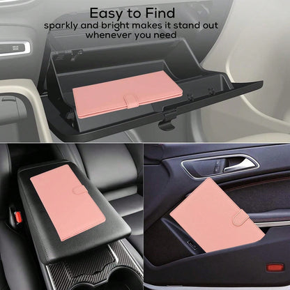 Srandme Car Registration And Insurance Holder, Leather Magnetic Shut Vehicle Glove Box Organizer For Document, Card, Driver License, Pink