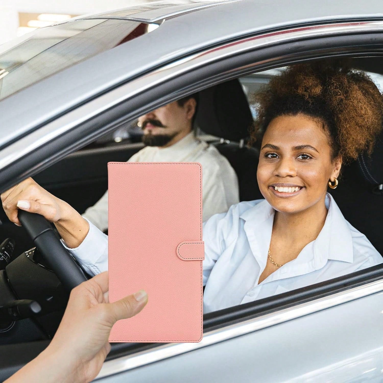 Srandme Car Registration And Insurance Holder, Leather Magnetic Shut Vehicle Glove Box Organizer For Document, Card, Driver License, Pink