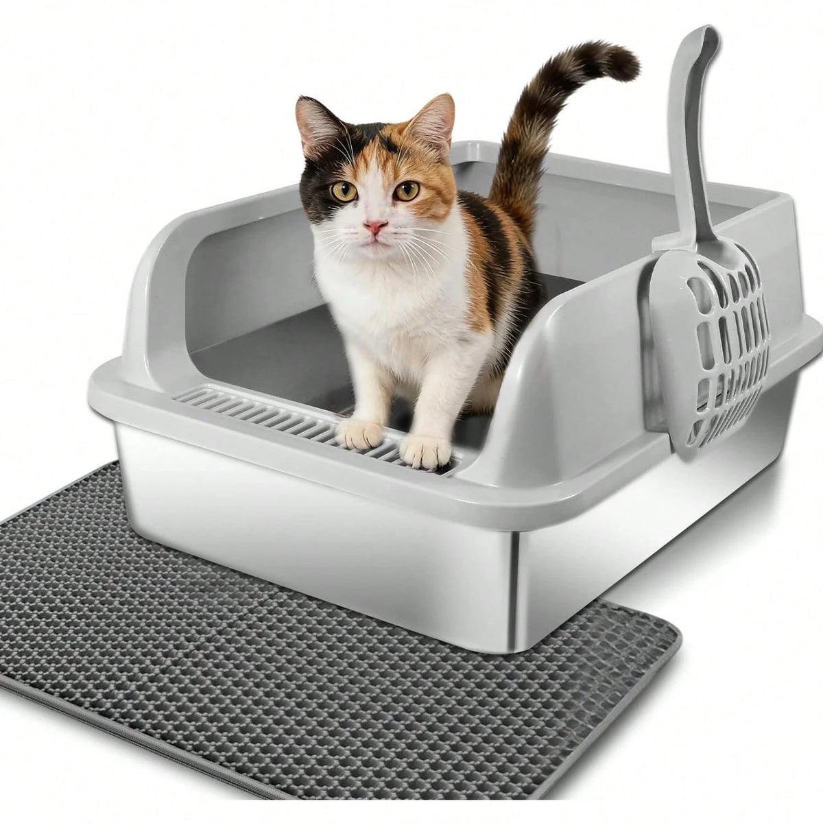 Stainless Steel Cat Litter Box, High Wall Kitty Litter Box For Small Cats, Metal Litter Box With Lid, Non-Sticky, Anti-Leakage, Easy Cleaning, Include Cat Mat And Scoop, 17.2"X13.2"X8.4"