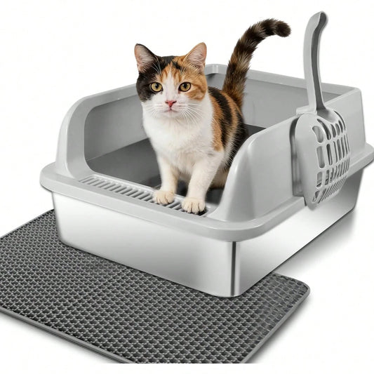 Stainless Steel Cat Litter Box, High Wall Kitty Litter Box For Small Cats, Metal Litter Box With Lid, Non-Sticky, Anti-Leakage, Easy Cleaning, Include Cat Mat And Scoop, 17.2"X13.2"X8.4"
