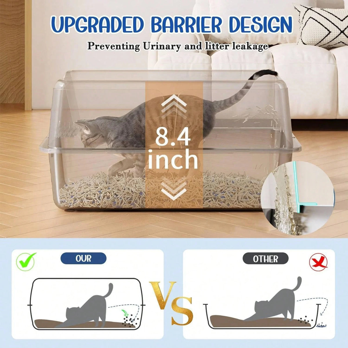 Stainless Steel Cat Litter Box, High Wall Kitty Litter Box For Small Cats, Metal Litter Box With Lid, Non-Sticky, Anti-Leakage, Easy Cleaning, Include Cat Mat And Scoop, 17.2"X13.2"X8.4"