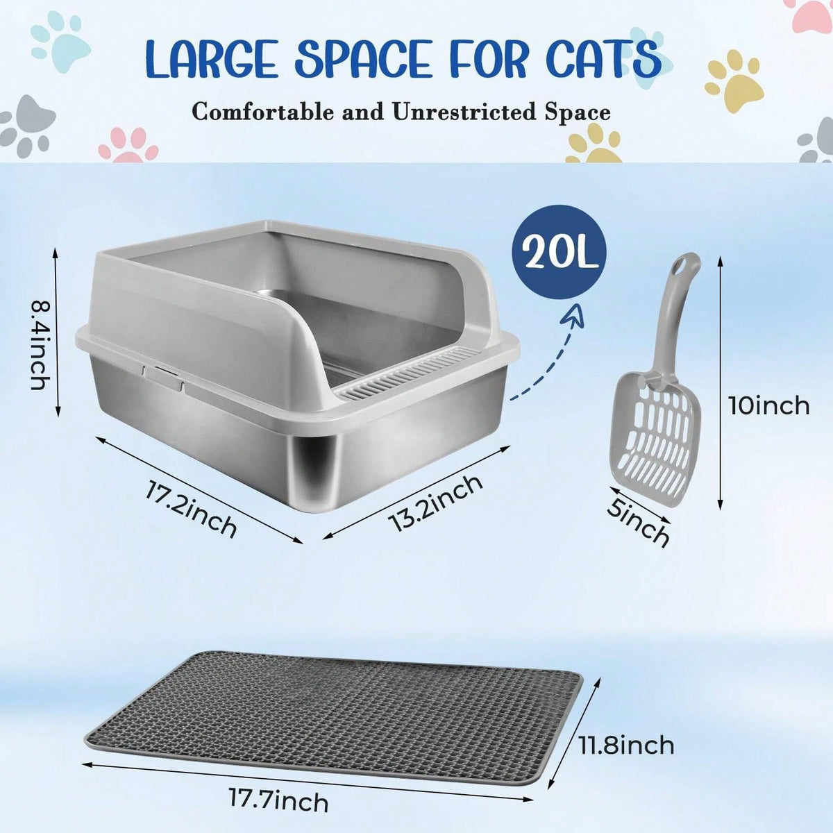 Stainless Steel Cat Litter Box, High Wall Kitty Litter Box For Small Cats, Metal Litter Box With Lid, Non-Sticky, Anti-Leakage, Easy Cleaning, Include Cat Mat And Scoop, 17.2"X13.2"X8.4"