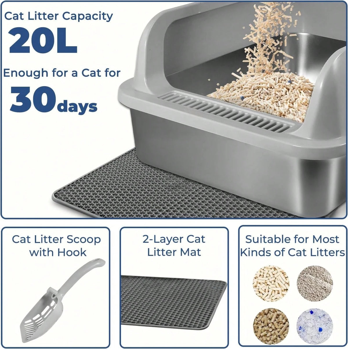 Stainless Steel Cat Litter Box, High Wall Kitty Litter Box For Small Cats, Metal Litter Box With Lid, Non-Sticky, Anti-Leakage, Easy Cleaning, Include Cat Mat And Scoop, 17.2"X13.2"X8.4"