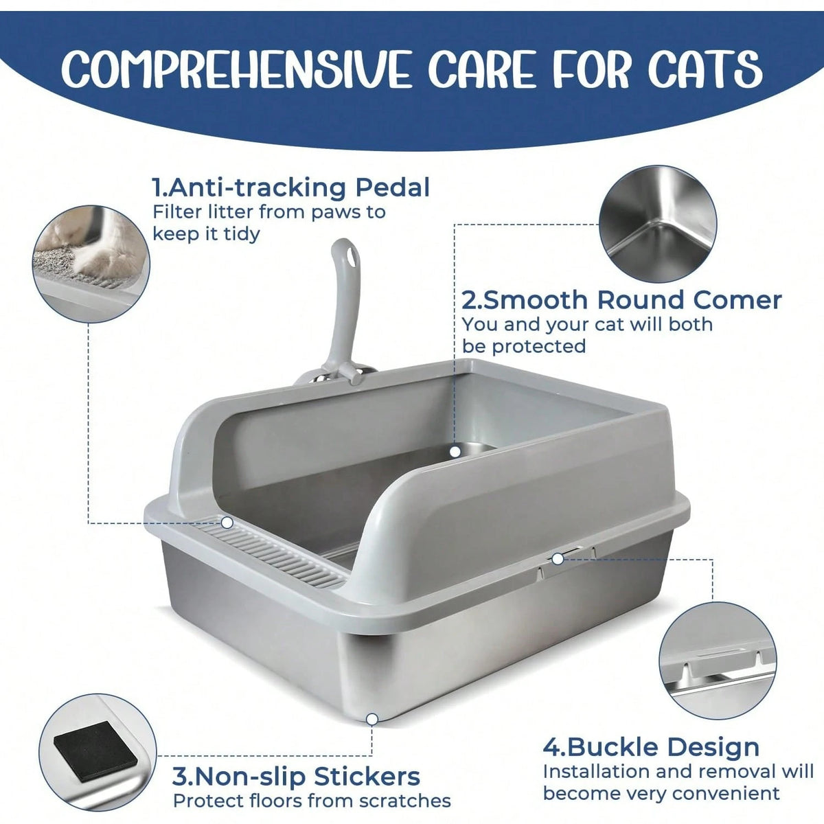 Stainless Steel Cat Litter Box, High Wall Kitty Litter Box For Small Cats, Metal Litter Box With Lid, Non-Sticky, Anti-Leakage, Easy Cleaning, Include Cat Mat And Scoop, 17.2"X13.2"X8.4"