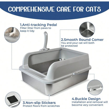 Stainless Steel Cat Litter Box, High Wall Kitty Litter Box For Small Cats, Metal Litter Box With Lid, Non-Sticky, Anti-Leakage, Easy Cleaning, Include Cat Mat And Scoop, 17.2"X13.2"X8.4"