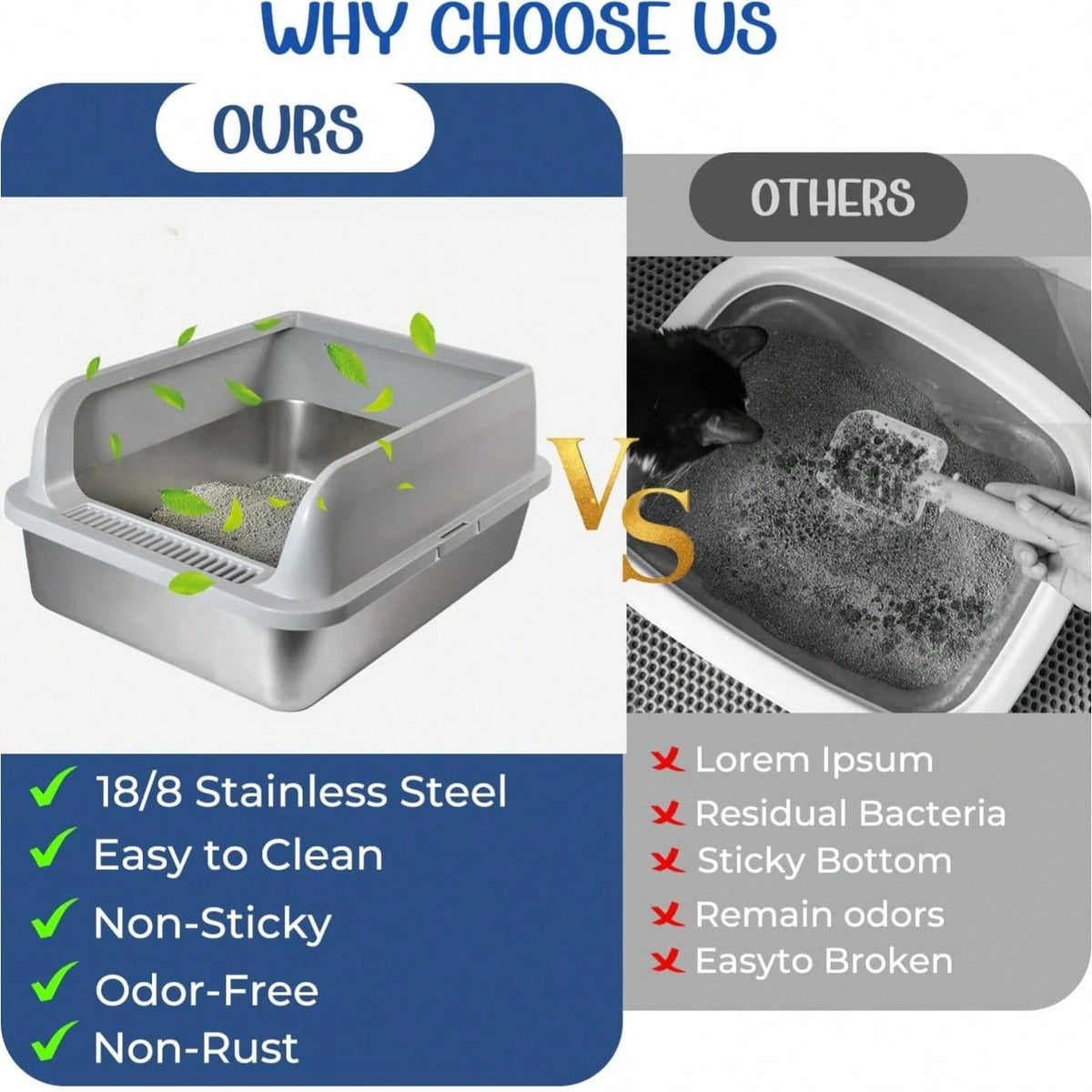 Stainless Steel Cat Litter Box, High Wall Kitty Litter Box For Small Cats, Metal Litter Box With Lid, Non-Sticky, Anti-Leakage, Easy Cleaning, Include Cat Mat And Scoop, 17.2"X13.2"X8.4"
