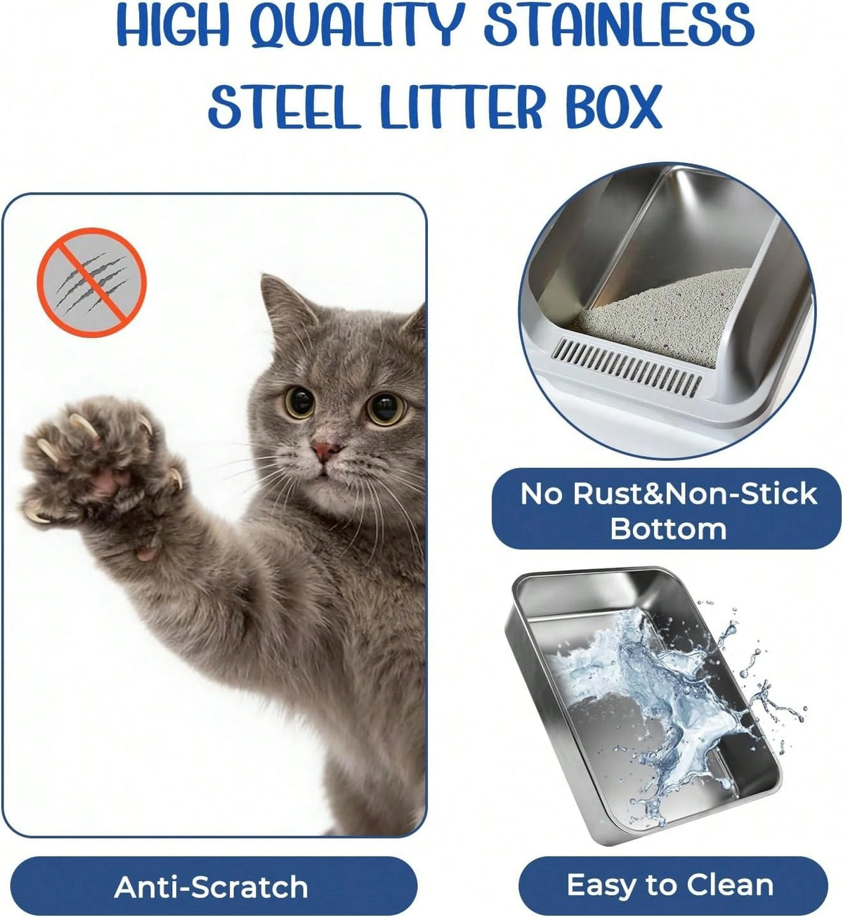 Stainless Steel Cat Litter Box, High Wall Kitty Litter Box For Small Cats, Metal Litter Box With Lid, Non-Sticky, Anti-Leakage, Easy Cleaning, Include Cat Mat And Scoop, 17.2"X13.2"X8.4"