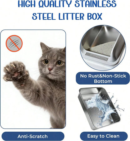 Stainless Steel Cat Litter Box, High Wall Kitty Litter Box For Small Cats, Metal Litter Box With Lid, Non-Sticky, Anti-Leakage, Easy Cleaning, Include Cat Mat And Scoop, 17.2"X13.2"X8.4"