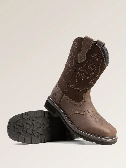 Steel Toe Work Boots For Men- Western Cowboy Square Toe Leather Boots With Safety Toe, For Construction, Farming, Ranch, And Outdoor Work