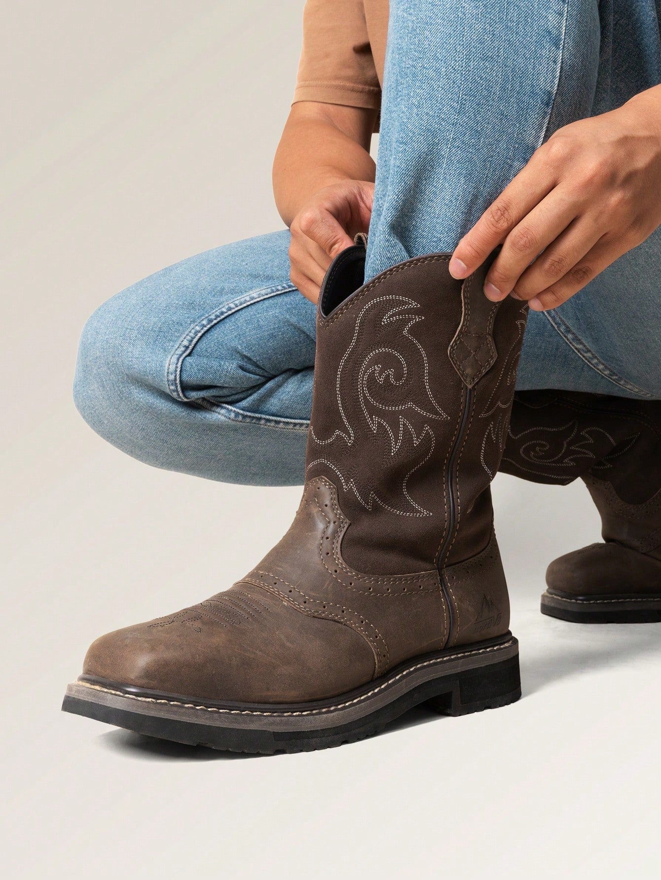 Steel Toe Work Boots For Men- Western Cowboy Square Toe Leather Boots With Safety Toe, For Construction, Farming, Ranch, And Outdoor Work