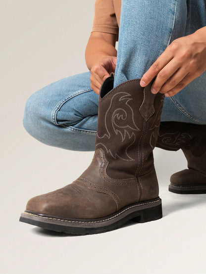Steel Toe Work Boots For Men- Western Cowboy Square Toe Leather Boots With Safety Toe, For Construction, Farming, Ranch, And Outdoor Work