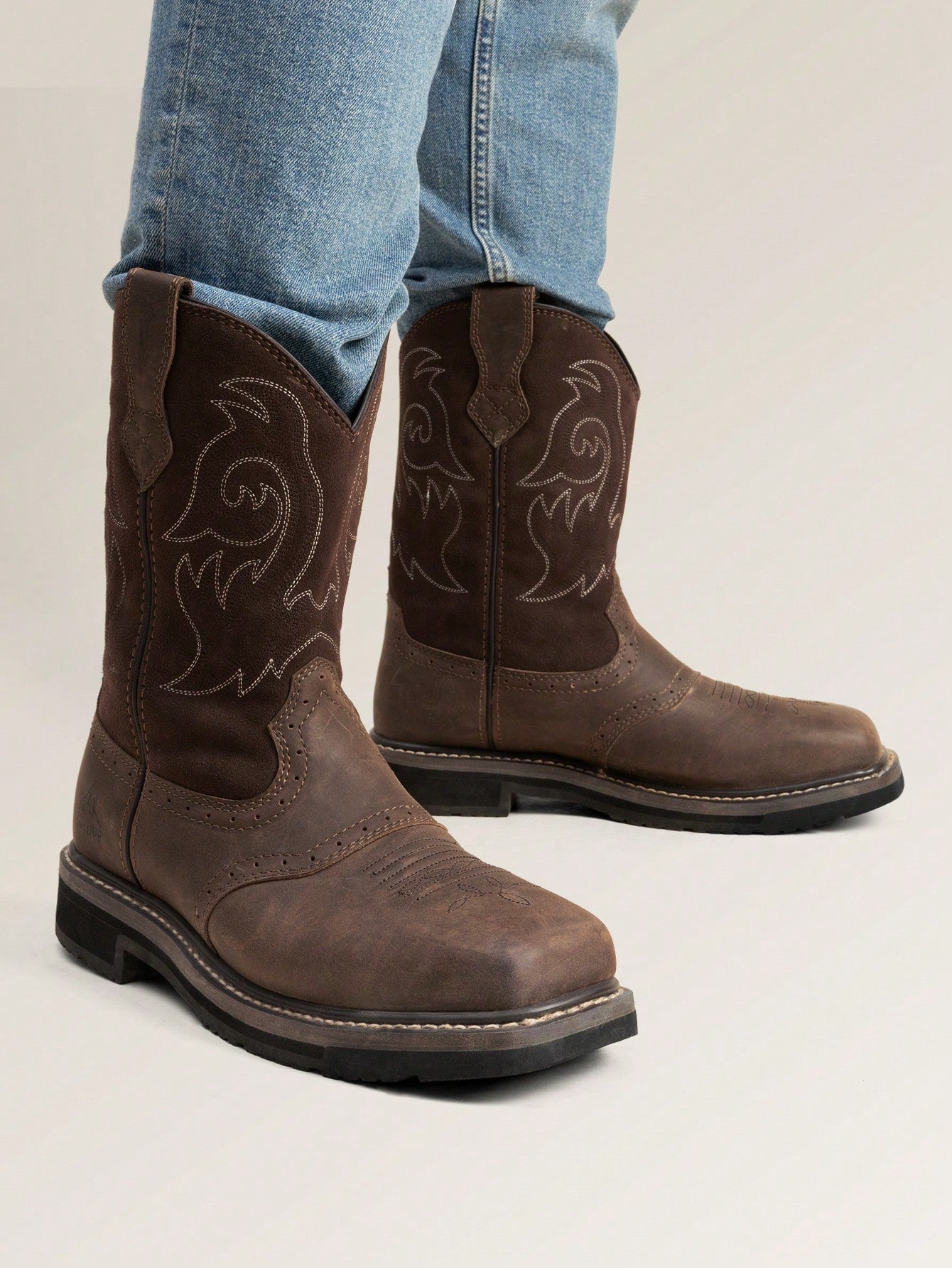 Steel Toe Work Boots For Men- Western Cowboy Square Toe Leather Boots With Safety Toe, For Construction, Farming, Ranch, And Outdoor Work
