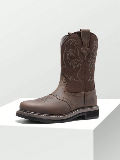 Steel Toe Work Boots For Men- Western Cowboy Square Toe Leather Boots With Safety Toe, For Construction, Farming, Ranch, And Outdoor Work