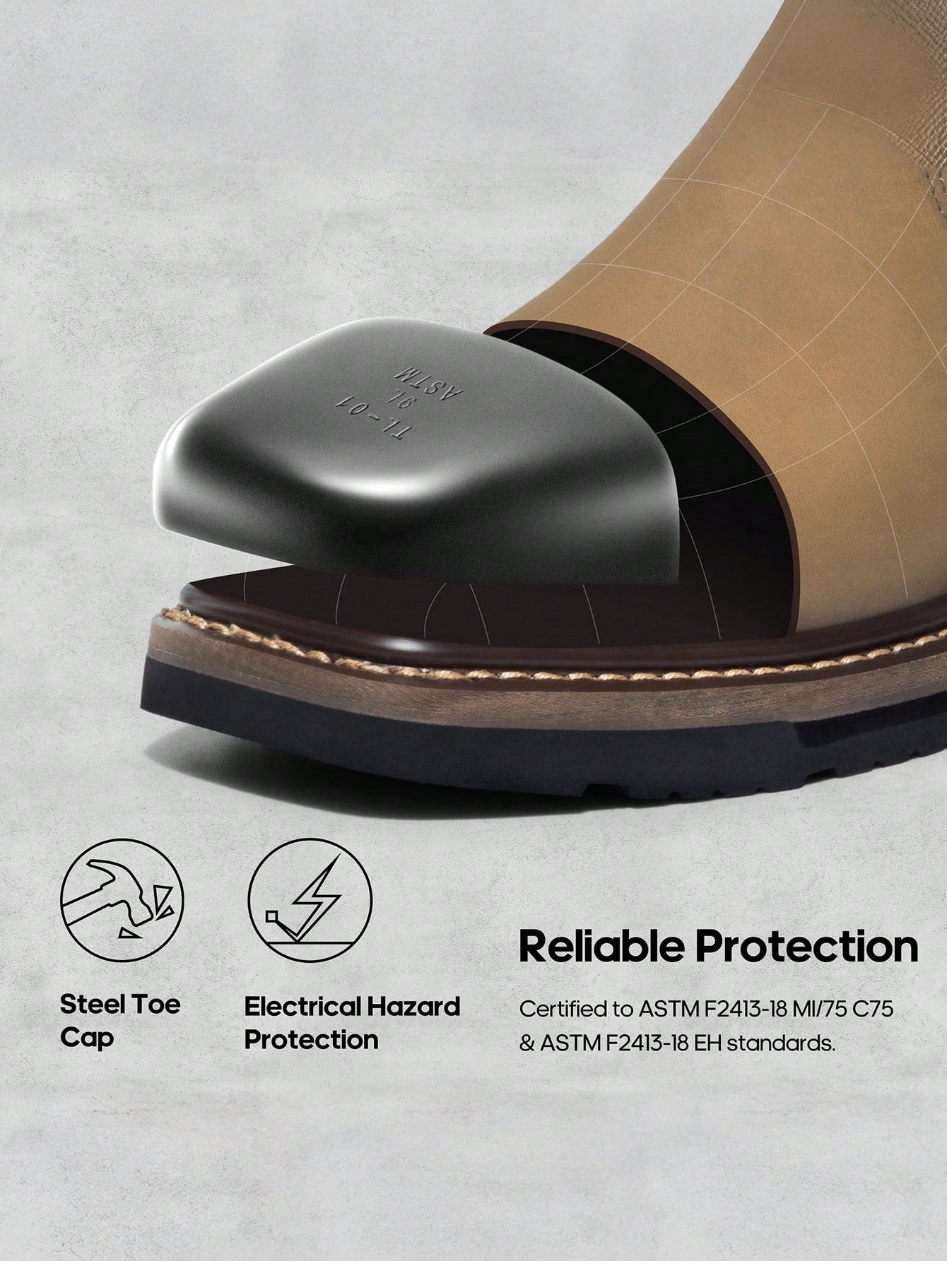 Steel Toe Work Boots For Men- Western Cowboy Square Toe Leather Boots With Safety Toe, For Construction, Farming, Ranch, And Outdoor Work