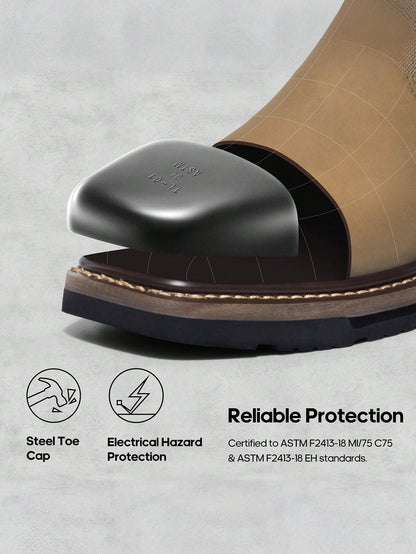 Steel Toe Work Boots For Men- Western Cowboy Square Toe Leather Boots With Safety Toe, For Construction, Farming, Ranch, And Outdoor Work