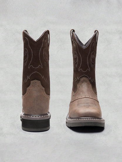 Steel Toe Work Boots For Men- Western Cowboy Square Toe Leather Boots With Safety Toe, For Construction, Farming, Ranch, And Outdoor Work